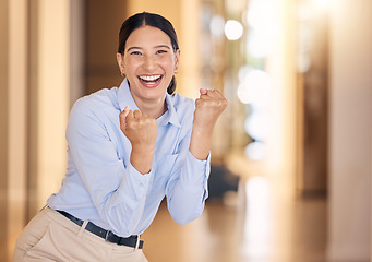 Image showing Business woman cheering with fist for success, winning and bonus achievement in startup agency. Portrait of happy, lucky and excited sales worker for celebration deal, trading motivation and joy