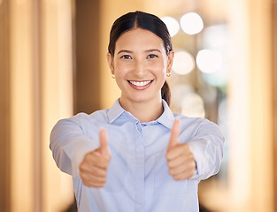 Image showing Happy, woman and thumbs up hands for business, success or deal of an employee against a bokeh background. Portrait of female worker with hand gestures for thank you, great work and job well done.