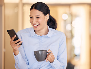 Image showing Phone, coffee or communication with a business woman networking on social media with a smile while on a break in the office. Contact us with 5g mobile technology on the internet with a happy employee