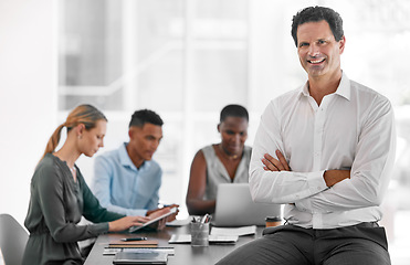 Image showing Leader, business and meeting of a man in team collaboration and diversity for workplace success. Happy, proud and professional businessman in corporate leadership and management in office teamwork.