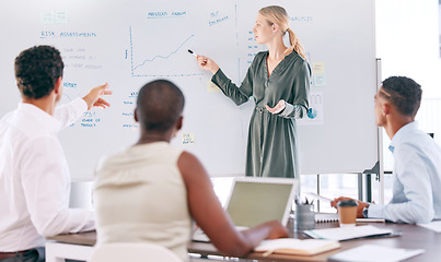 Image showing Business people in finance meeting at work, in discussion about data and charts and company growth for future in a boardroom at work. Corporate worker and employee doing financial presentation