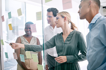 Image showing Corporate, sticky notes and business people planning a team mission, project or growth of business plan. Diversity, collaboration and creative employees having a strategy, idea and solution meeting.