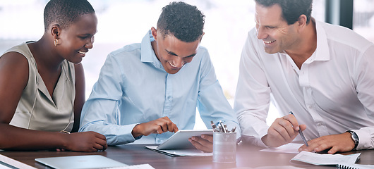 Image showing Business people planning on tablet in meeting at work, ppartnership for advertising project and collaboration for success in marketing. Employees and team of workers talking on internet with tech