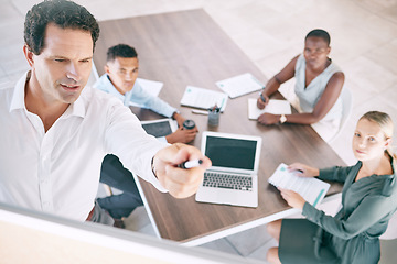 Image showing Teamwork, collaboration and business mean leading a presentation in a meeting with creative team in an office. Corporate employee sharing vision and goal, brainstorming strategy with diverse group