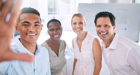 Image showing Business friends, selfie and diversity in corporate meeting with unity and happy workforce staff. Trust, solidarity and professional company office with inclusive colleagues and employees.