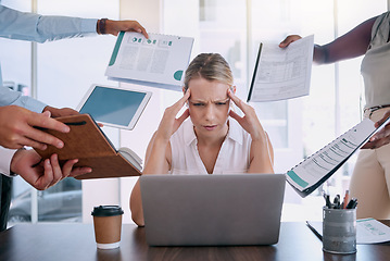 Image showing Work stress, headache and burnout mindset of a business woman working at a office computer. Corporate tax employee worried about mental health from job report, contract and compliance data overload