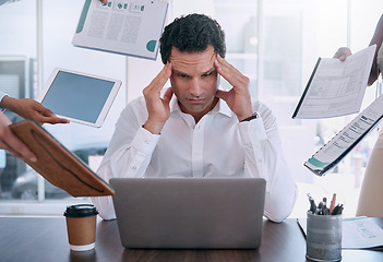 Image showing Stress, headache and burnout mindset of a business man working on laptop in office. Tax manager, leader or employee with mental health from job contract, compliance and report.