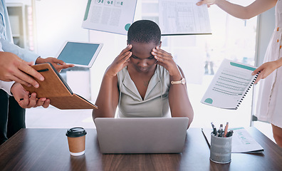 Image showing Burnout, stress and headache with business woman and work overload, too much and pressure in corporate company. Project management, mental health and frustrated with black woman employee in office