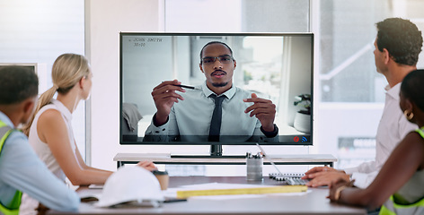 Image showing Video call, business meeting and industry workers planning a project with an industrial manager. Team having a virtual discussion about development, strategy and logistics on a computer in the office