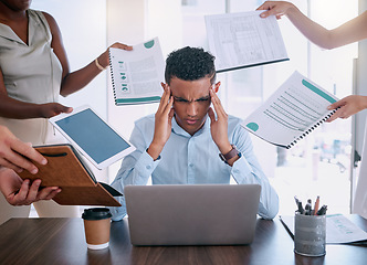 Image showing Business man tired from workload, management of time schedule project priority and employee burnout. Anxiety depression headache, company mental health care awareness and coworkers proposal deadline