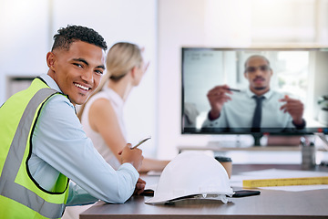 Image showing Construction worker, engineer and virtual video conference or webinar in office with a man looking happy in seminar, training and meeting with client online. Portrait of contractor ready for project