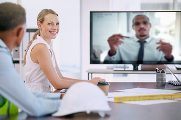 Image showing Architects, engineers and employees in virtual video call in boardroom at work, woman with smile in remote seminar and meeting with management online. Portrait of worker in architecture conference