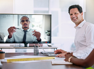 Image showing Business man in virtual video conference at work, planning global strategy with team in meeting and working on an international webinar st startup company. Portrait of worker with smile in workshop