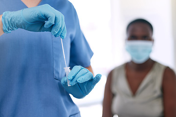 Image showing Covid, consulting and test with doctor, nurse and patient with cotton swab in medical healthcare hospital or clinic. Pandemic, vaccine health and safety with medicine lab exam and check results