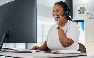 Image showing Telemarketing consultant woman, sales or ecommerce advisor consulting with a smile and customer service. Call center agent or IT support worker at desk with a computer for arm and contact us website