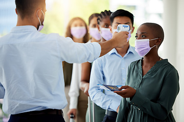 Image showing Covid, travel and passport at airport security with thermometer check and black woman. Vaccine, immigration and pandemic virus with safety compliance rules and regulations for people traveling