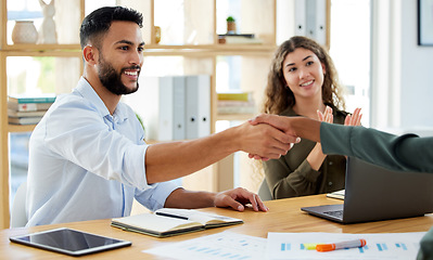 Image showing Business people shaking hands with applause for deal, agreement and teamwork success in startup agency. Partnership handshake, meeting collaboration and contract celebration for promotion opportunity