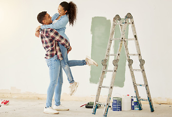 Image showing Love couple smile painting house or home interior with paint and ladder for DIY room project and maintenance. African creative and painter black people happy working on apartment wall design together