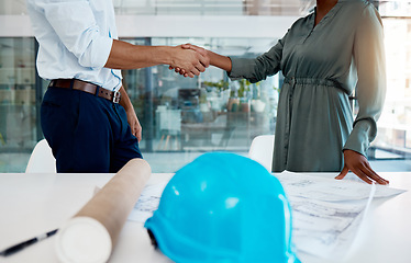 Image showing Architecture, shaking hands and a thank you handshake by engineer with a successful business customer. Professional b2b partnership deal or agreement after global development project strategy meeting