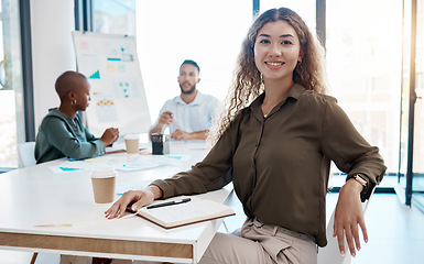 Image showing Business woman, employee and startup worker in meeting at work, doing advertising partnership with team and workshop for training in office. Portrait of a happy and young entrepreneur in seminar