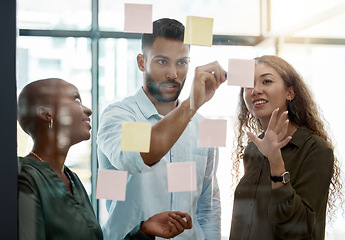 Image showing Team strategy meeting on research, post it on glass wall and group work planning together. Business people brainstorming analytics vision think tank ideas, collaboration thinking and sticky notes