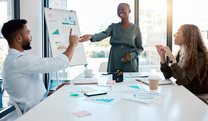 Image showing Manager training team of business people in office corporate meeting. Black female marketing leader talk in a workshop presentation, education seminar and conference with diverse group of colleagues