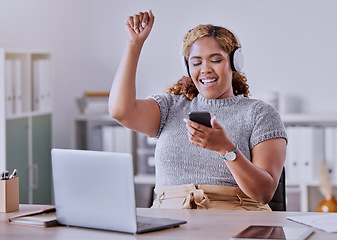 Image showing Music, podcast and streaming, business woman listening to new track in an office. Internet, technology and entertainment, listen to song phone with headphones. Work, relax and enjoy radio app online