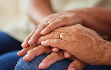 Image showing Couple holding hands for support and love, gratitude for help and support and kindness in retirement in home. Elderly friends or senior people with respect, community and hope in marriage