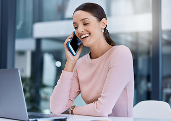 Image showing Office business woman on phone call, laptop with smile success or online communication for contact us or company website. Corporate professional worker networking with internet smartphone technology