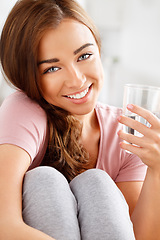 Image showing Water, smile and woman with glass for portrait of health lifestyle habit for body detox wellbeing. Girl on hydration drink break for fitness diet routine for healthy skin, face and wellness.