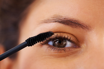 Image showing Beauty, cosmetics and eye lash curling makeup on woman face portrait, getting ready and grooming in the morning. Closeup of a woman apply mascara, glamour look and natural eyelash extensions care