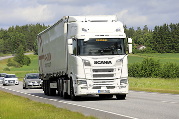 Image showing White Scania R500 Truck Semi Trailer in Highway Traffic