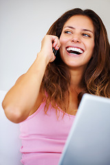 Image showing Remote, working and freelance woman with phone call talking, networking and online communication or conversation on laptop technology. Smile, success and excited person with smartphone for contact us