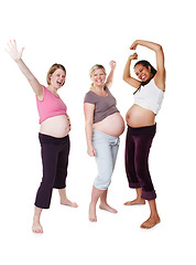 Image showing Diversity, happy and pregnant women with smile in happiness for motherhood on white studio background. Portrait of a group of woman friends excited in pregnancy together to be a mother and birth.