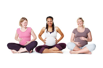 Image showing Pregnant women or friends ready for yoga, pilates or birth class for help, support and community or wellness. Happy mother with smile and hope of life growth sitting on floor with white background