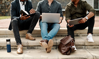 Image showing Casual guys, young men or students, outdoors on business, education or college campus talking and discussing ideas during break. Creative team has an informal meeting for inspiration and innovation