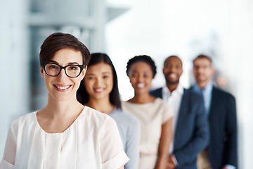 Image showing Female leader in leadership, career inspiration and innovation portrait with line of successful business people looking happy and confident. Face of a professional or ambitious corporate team and CEO