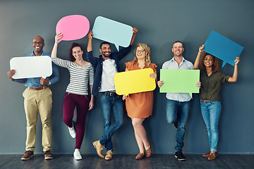 Image showing Speech bubbles, blank boards and signs held by voters with freedom of democracy and opinion. The review, say and voice of people in public news adds good comments to a diverse group