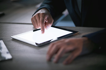 Image showing Tablet, hands and technology with a business man working on wireless tech in his office at work. 5g, wifi and social media with a male employee or worker planning on a calendar or schedule online