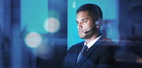 Image showing Call center, finance and forex trader trading bitcoin and ethereum with an investment strategy in the stock market. Financial businessman working on fintech chart analytics data at an office desk