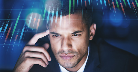 Image showing Bitcoin, crypto and stock market trader thinking of financial price data analysis on his computer screen monitor. Man working on a cryptocurrency trading strategy for forex investment profit growth