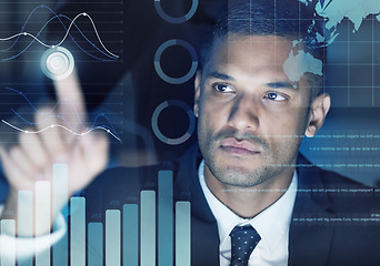 Image showing Digital infographics, web graphs and futuristic interface screen for charts, data and stats of business man coding in work office. Face of website developer reading analytics and research on tech