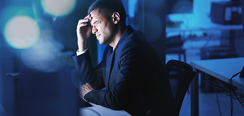 Image showing Headache, mental health and businessman in pain due to migraine caused by stress, anxiety and burnout at work. Accounting professional feeling overwhelmed, frustrated and fatigue on his computer desk