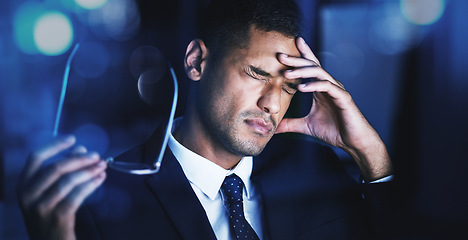 Image showing Eye strain, headache and office night stress of a business man working on a tax audit. Financial fintech business man with anxiety tired about finance accounting, job report and finance career