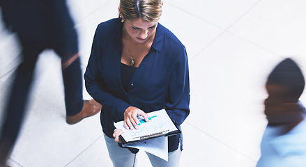 Image showing Marketing, data and business women with analytics in corporate company office building. Manager, leadership and administration with employee working in growth, strategy or budget chart