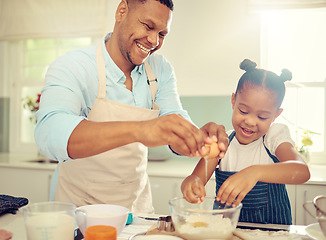 Image showing Father, learning girl or baking in home kitchen and cooking a children cake, dessert or breakfast cookies. Fun, happy and comic child with smile in house with bonding family man with health food egg
