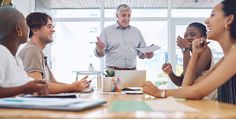 Image showing Leadership, manager and CEO in a meeting with a team of business people laughing in training, coaching and motivation workshop. Funny, comic and joke with a group in collaboration in the office