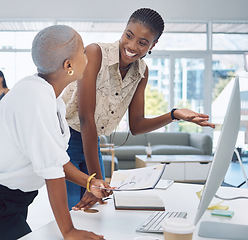 Image showing Black woman, desk collaboration and corporate company relationship at office with coworkers. African American worker people in business communication and talk for report proposal criteria.