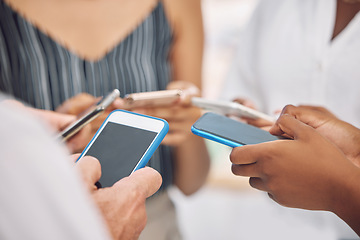 Image showing Phone, social media communication and 5g internet of technology community or friends together. Online, mobile and web search of hands typing and streaming content on digital devices in a group circle