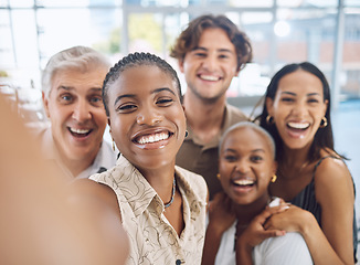 Image showing Diversity work selfie with happy team in a office ready for teamwork, collaboration and work. Portrait of diverse business staff and workforce with a smile showing corporate community support